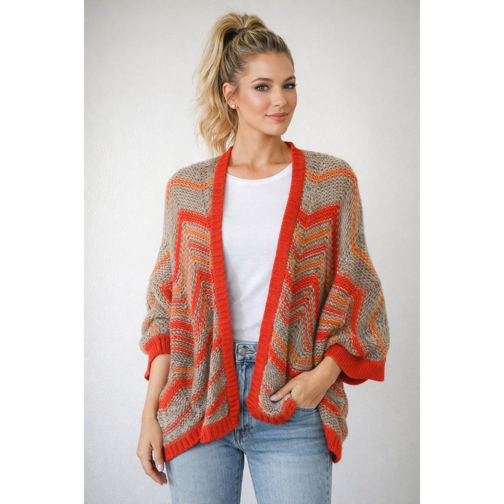 Ann Taylor LOFT Chevron Knit‎ Open Front Cardigan Sweater Taupe Orange Medium